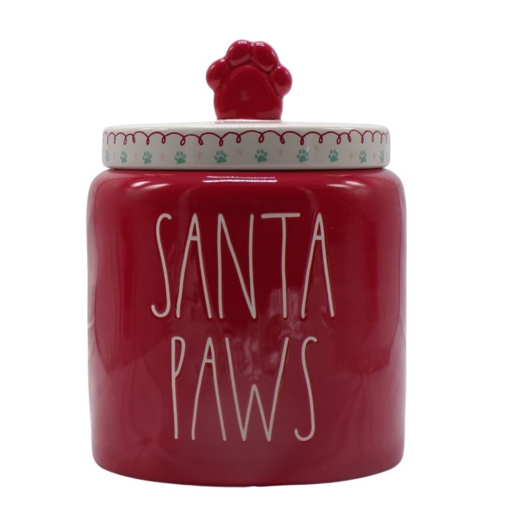 NEW Rae Dunn Ceramic SANTA PAWS Red & White Holiday Dog Treat Jar Paw Lid Handle